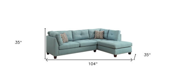 Homeroots Teal Blue Linen L Shaped Three Piece Sofa And Chaise Sectional And Toss Pillows   524227