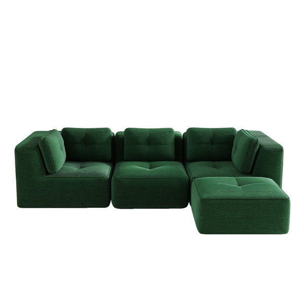 English Elm Modern Corduroy Sectional Sofa Tufted Deep Seat Couch with Movable Ottoman No Assembly Green W714S01796