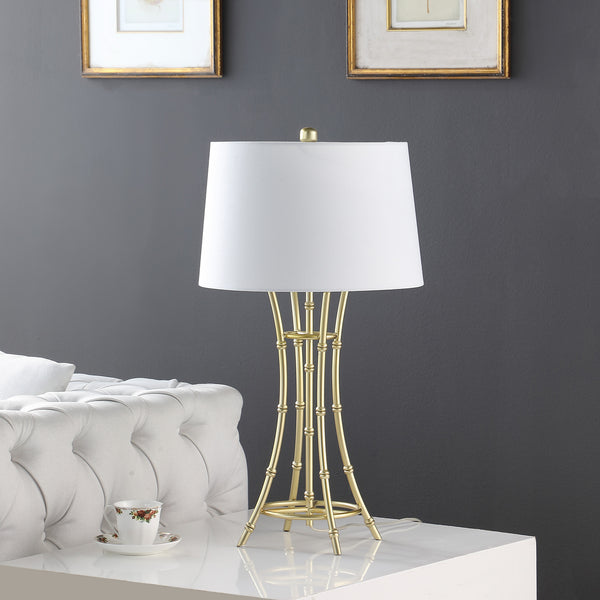 Homeroots 29" Gold Bamboo Design Table Lamp With Off White Drum Shade   524249