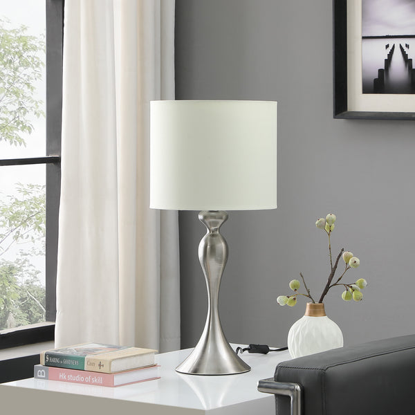 Homeroots 25" Silver Metal Table Lamp With Off White Drum Shade   524253