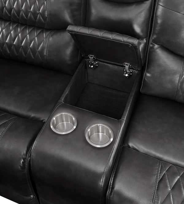 English Elm Braylon Magnetite PU Leather Manual Recliner Sofa with Diamond-Tufted Detail, Nailhead Trim, Cupholder and Storage Brown 91 L x 32 W x 29 H B2726P250935