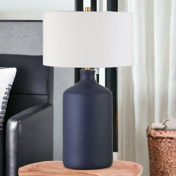Homeroots 29" Navy Blue Ceramic Table Lamp With White Drum Shade   524284