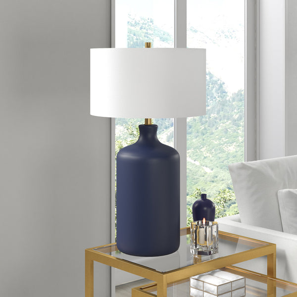 Homeroots 29" Navy Blue Ceramic Table Lamp With White Drum Shade   524284