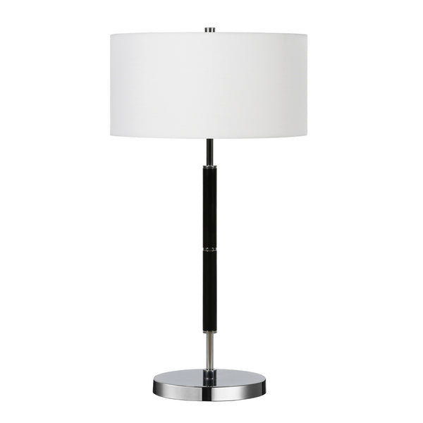 Homeroots 25" Black And Silver Metal Two Light Table Lamp With White Drum Shade   524305