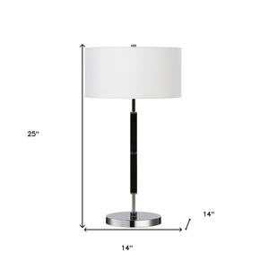 Homeroots 25" Black And Silver Metal Two Light Table Lamp With White Drum Shade   524305