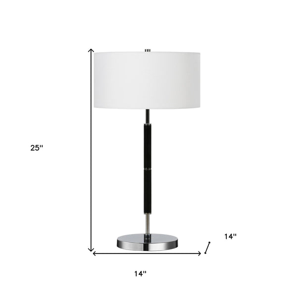 Homeroots 25" Black And Silver Metal Two Light Table Lamp With White Drum Shade   524305