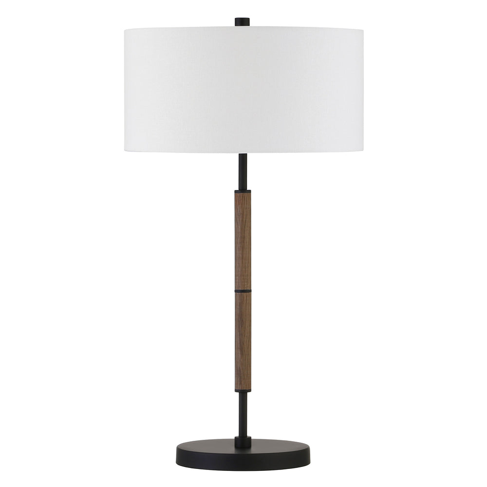 Homeroots 25" Brown And Black Metal Two Light Table Lamp With White Drum Shade   524306