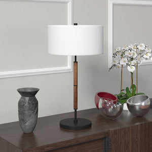 Homeroots 25" Brown And Black Metal Two Light Table Lamp With White Drum Shade   524306