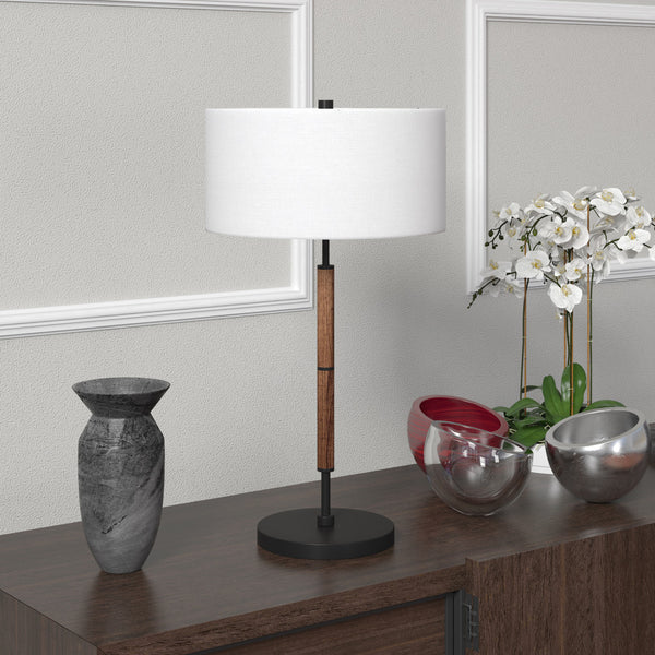 Homeroots 25" Brown And Black Metal Two Light Table Lamp With White Drum Shade   524306