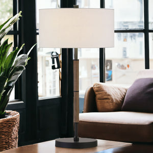 Homeroots 25" Brown And Black Metal Two Light Table Lamp With White Drum Shade   524306