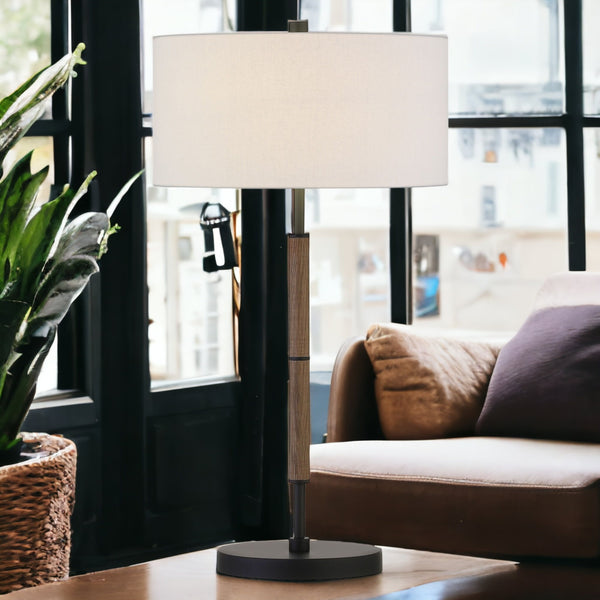 Homeroots 25" Brown And Black Metal Two Light Table Lamp With White Drum Shade   524306