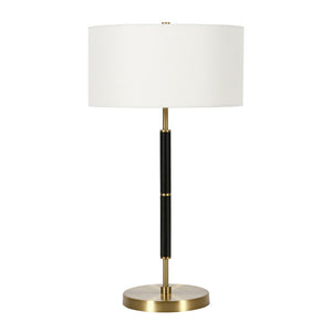 Homeroots 25" Black And Gold Metal Two Light Table Lamp With White Drum Shade   524307
