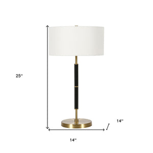 Homeroots 25" Black And Gold Metal Two Light Table Lamp With White Drum Shade   524307
