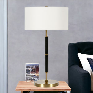 Homeroots 25" Black And Gold Metal Two Light Table Lamp With White Drum Shade   524307