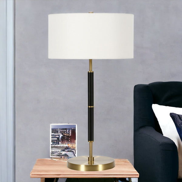 Homeroots 25" Black And Gold Metal Two Light Table Lamp With White Drum Shade   524307