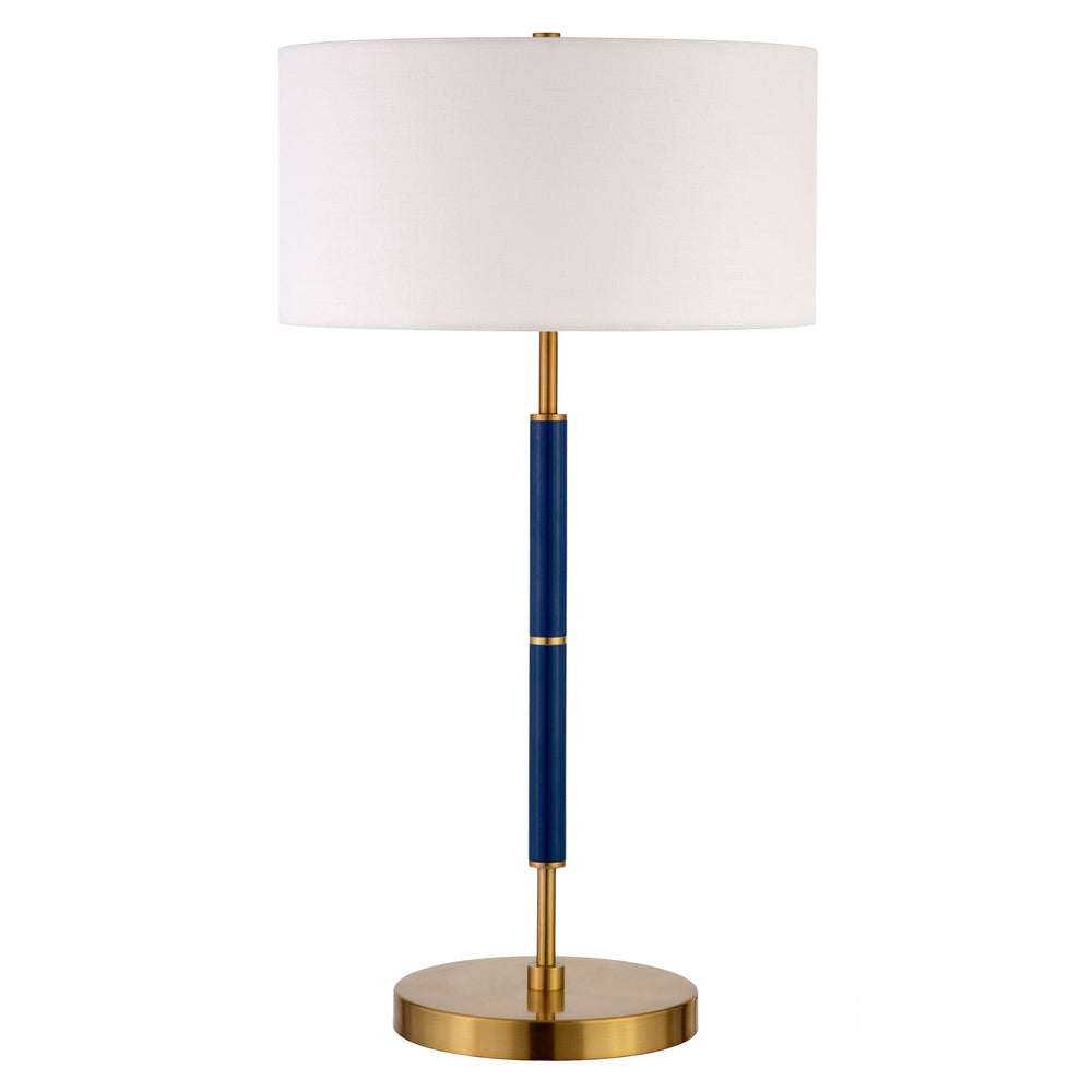 Homeroots 25" Blue And Gold Metal Two Light Table Lamp With White Drum Shade   524308