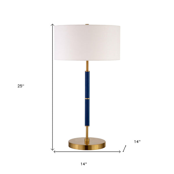 Homeroots 25" Blue And Gold Metal Two Light Table Lamp With White Drum Shade   524308