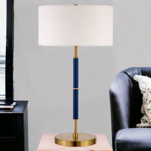 Homeroots 25" Blue And Gold Metal Two Light Table Lamp With White Drum Shade   524308