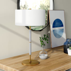 Homeroots 25" Gray And Gold Metal Two Light Table Lamp With White Drum Shade   524311