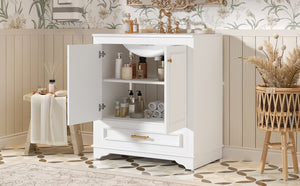 English Elm 30" Elegant Bathroom Vanity with Ceramic Sink, French-Inspired Compact Cabinet with Drawer & Shelf White N710P317676K