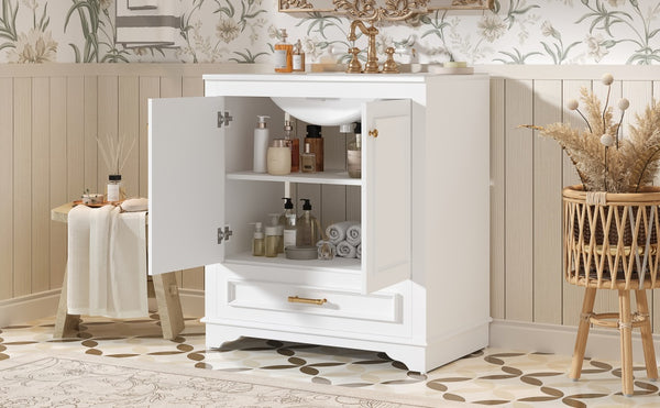 English Elm 30" Elegant Bathroom Vanity with Ceramic Sink, French-Inspired Compact Cabinet with Drawer & Shelf White N710P317676K