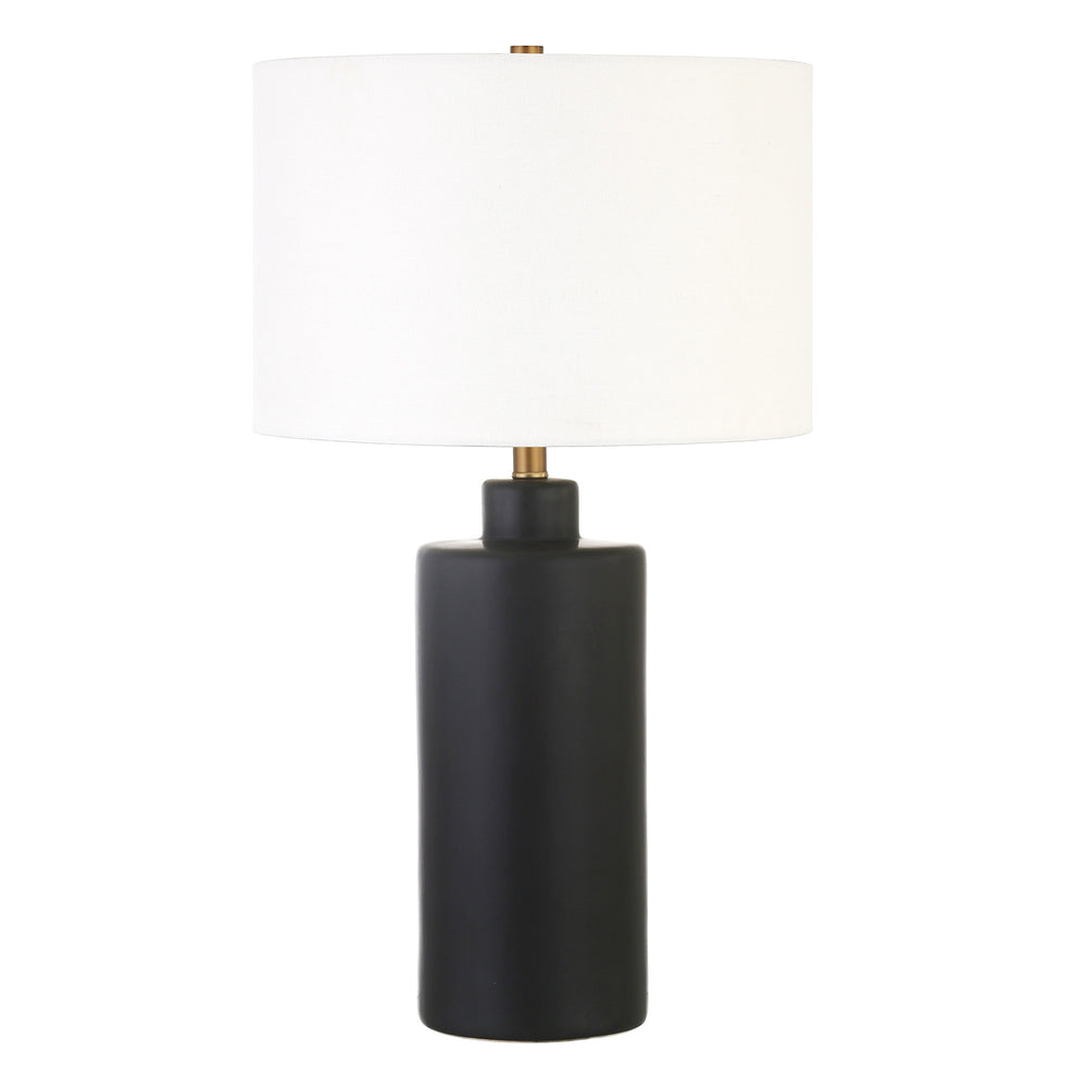 Homeroots 25" Black Ceramic Table Lamp With White Drum Shade   524335