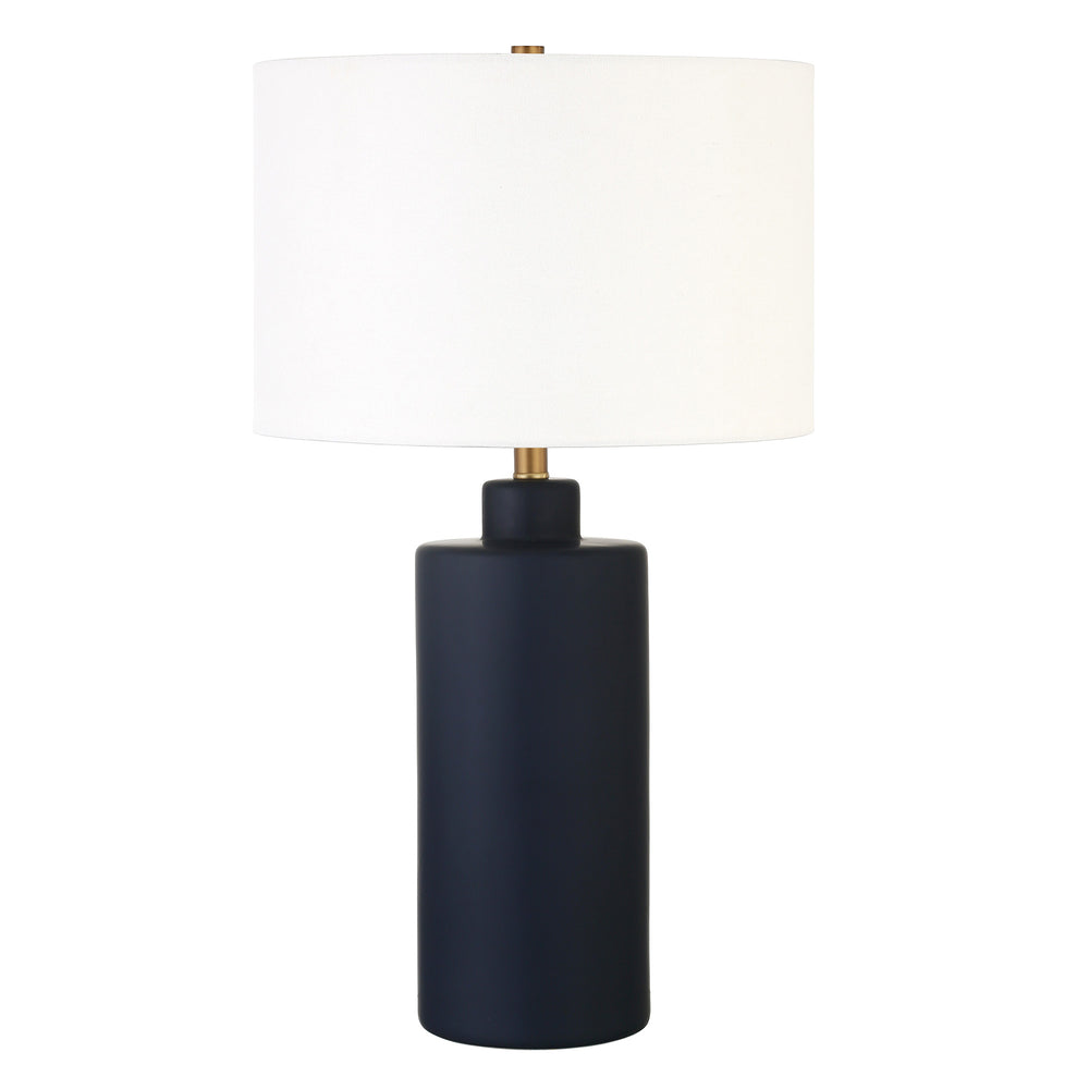 Homeroots 25" Navy Blue Ceramic Cylinder Table Lamp With White Drum Shade   524336