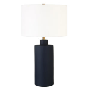 Homeroots 25" Navy Blue Ceramic Cylinder Table Lamp With White Drum Shade   524336