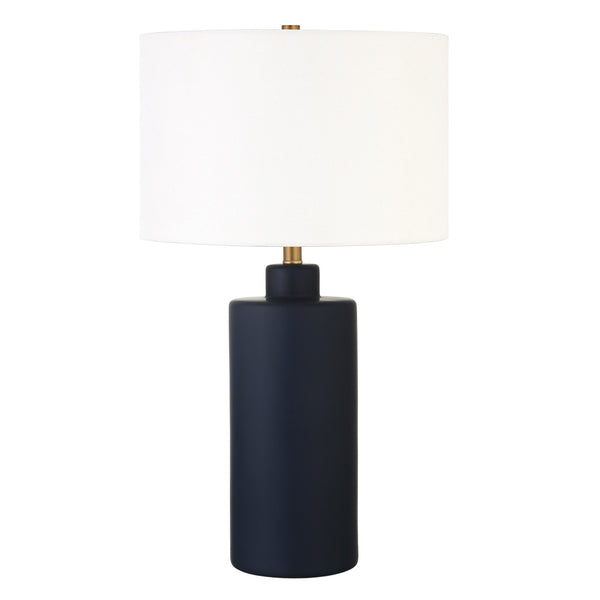 Homeroots 25" Navy Blue Ceramic Cylinder Table Lamp With White Drum Shade   524336