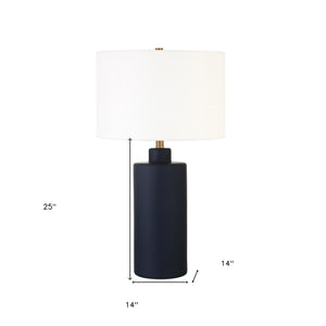 Homeroots 25" Navy Blue Ceramic Cylinder Table Lamp With White Drum Shade   524336
