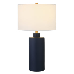 Homeroots 25" Navy Blue Ceramic Cylinder Table Lamp With White Drum Shade   524336
