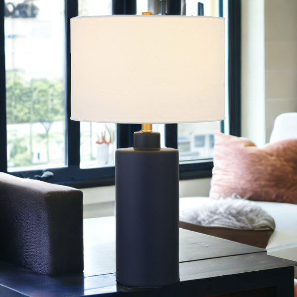 Homeroots 25" Navy Blue Ceramic Cylinder Table Lamp With White Drum Shade   524336