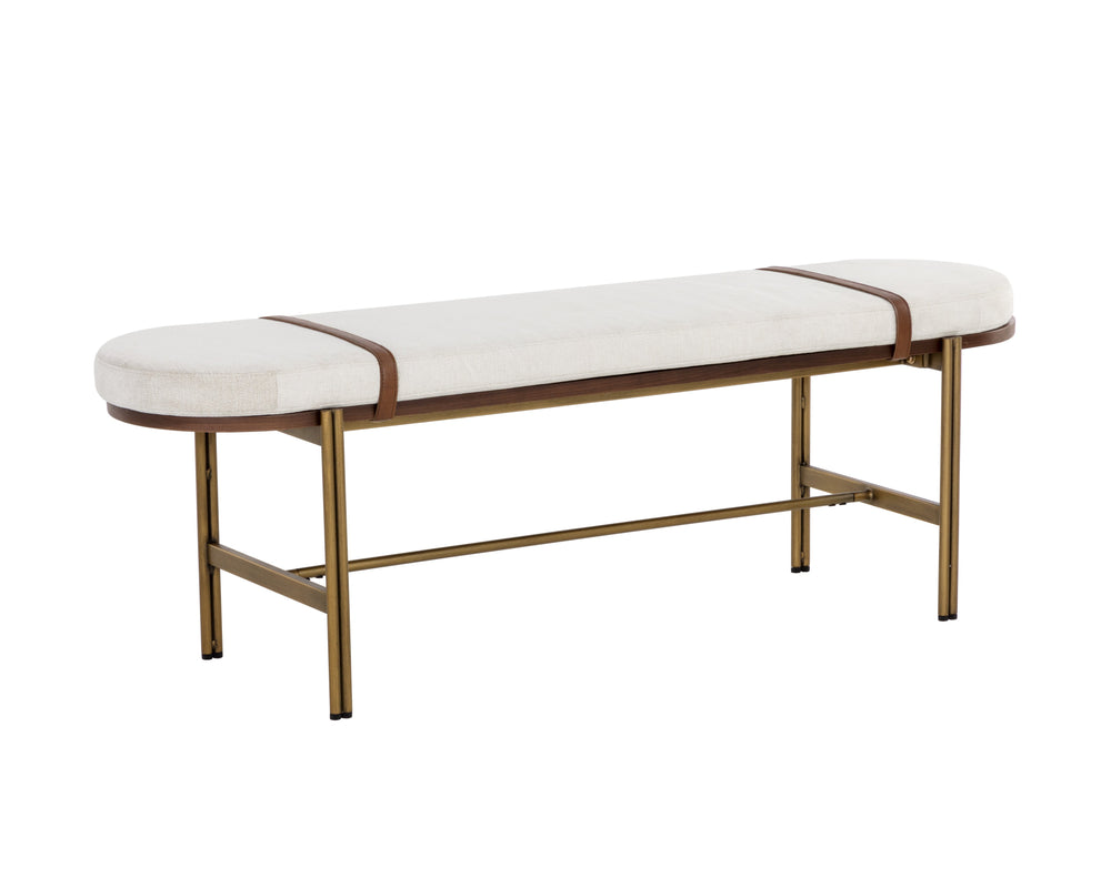 Sunpan Elaine Bench - Curved Silhouette in Polo Club Muslin with Walnut Veneer & Antique Brass Base
