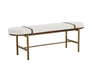 Sunpan Elaine Bench - Curved Silhouette in Polo Club Muslin with Walnut Veneer & Antique Brass Base