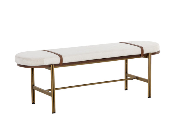 Sunpan Elaine Bench - Curved Silhouette in Polo Club Muslin with Walnut Veneer & Antique Brass Base