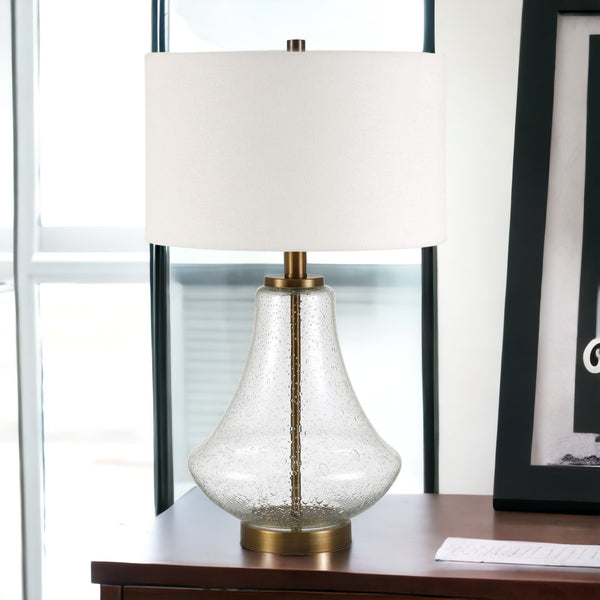 Homeroots 23" Brass Glass Table Lamp With White Drum Shade   524354