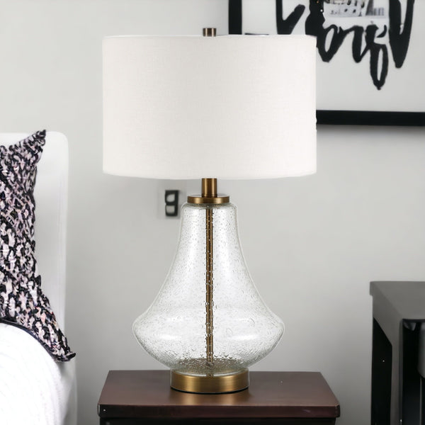 Homeroots 23" Brass Glass Table Lamp With White Drum Shade   524354