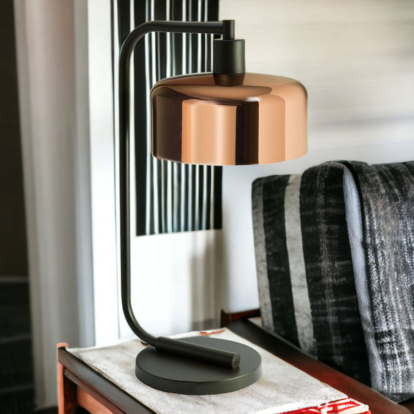 Homeroots 20" Black Metal Arched Table Lamp With Copper Bowl Shade   524367