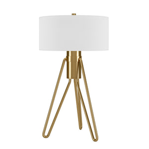 Homeroots 25" Brass Metal Two Light Tripod Table Lamp With White Drum Shade   524369