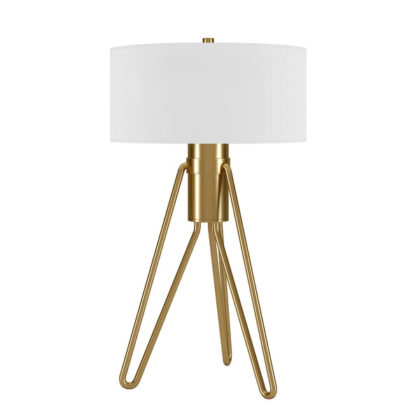 Homeroots 25" Brass Metal Two Light Tripod Table Lamp With White Drum Shade   524369