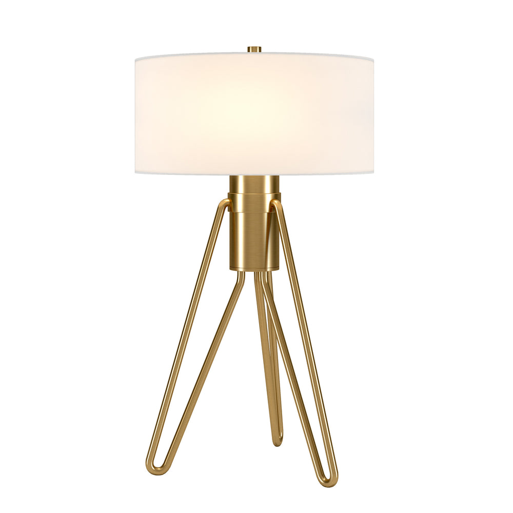 Homeroots 25" Brass Metal Two Light Tripod Table Lamp With White Drum Shade   524369