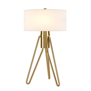 Homeroots 25" Brass Metal Two Light Tripod Table Lamp With White Drum Shade   524369