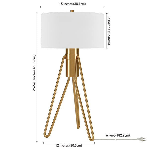 Homeroots 25" Brass Metal Two Light Tripod Table Lamp With White Drum Shade   524369