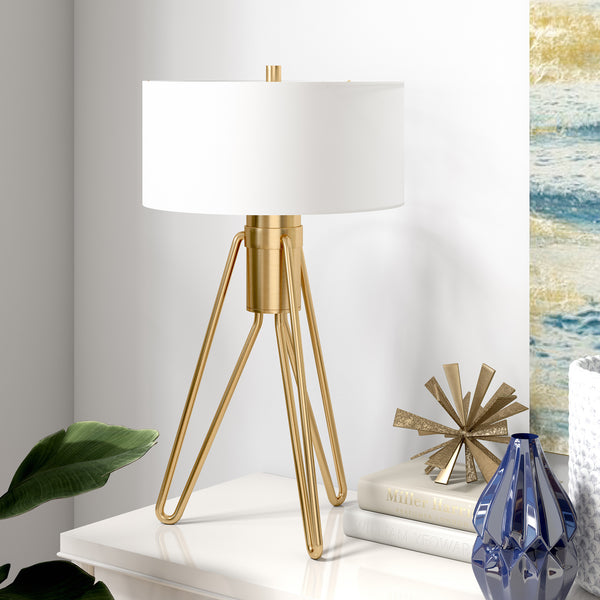 Homeroots 25" Brass Metal Two Light Tripod Table Lamp With White Drum Shade   524369