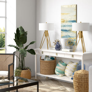 Homeroots 25" Brass Metal Two Light Tripod Table Lamp With White Drum Shade   524369