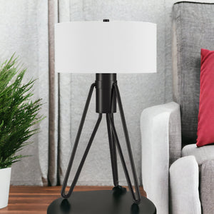 Homeroots 25" Black Metal Two Light Tripod Table Lamp With White Drum Shade   524370