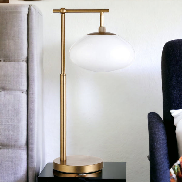 Homeroots 25" Brass Metal Arched Table Lamp With White Globe Shade   524389