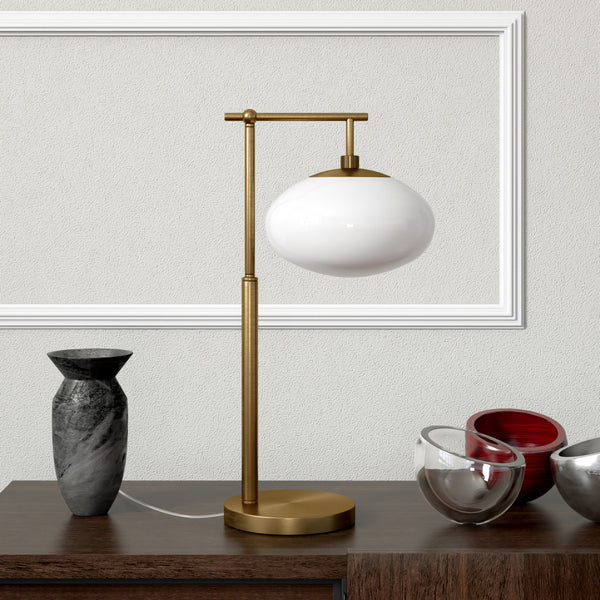 Homeroots 25" Brass Metal Arched Table Lamp With White Globe Shade   524389