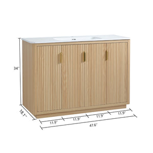 English Elm 48 Inch Freestanding Vanity Natural Wood Grain Four Door Storage Gold Pulls Ceramic Sink W3235S00006