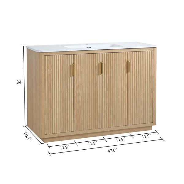English Elm 48 Inch Freestanding Vanity Natural Wood Grain Four Door Storage Gold Pulls Ceramic Sink W3235S00006